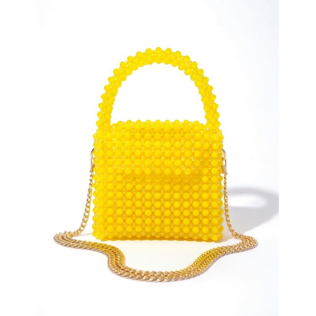 Rexsz Yellow Crystal & Velvet Mix Beaded Bag | Handmade Elegant Party Handbag