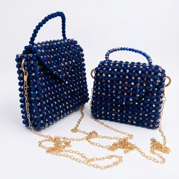 Rexsz Blue Crystal & Velvet Mix Beaded Bag | Elegant Handmade Party Handbag