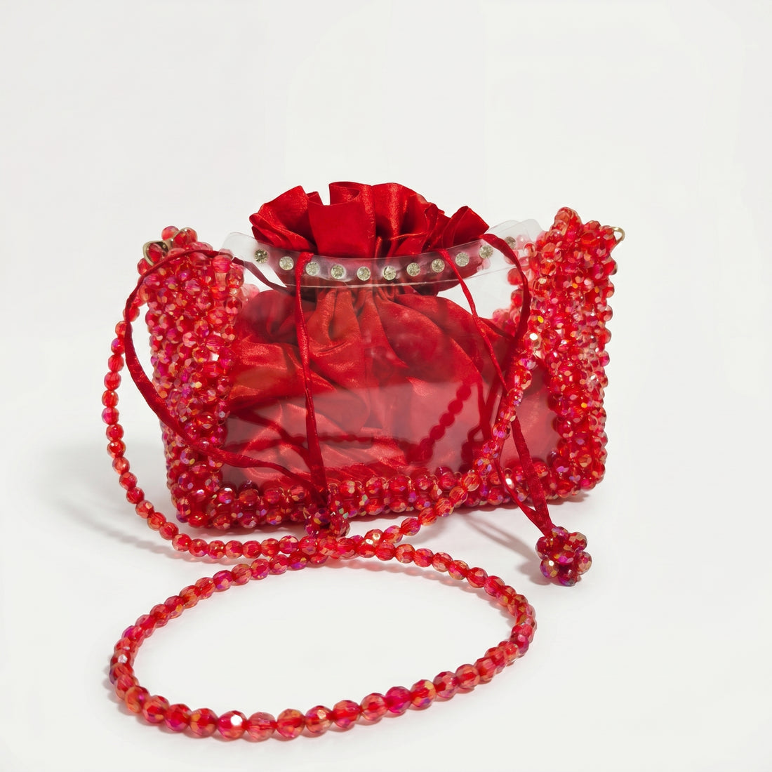 Rexsz Red Beaded Transparent Pouch Bag
