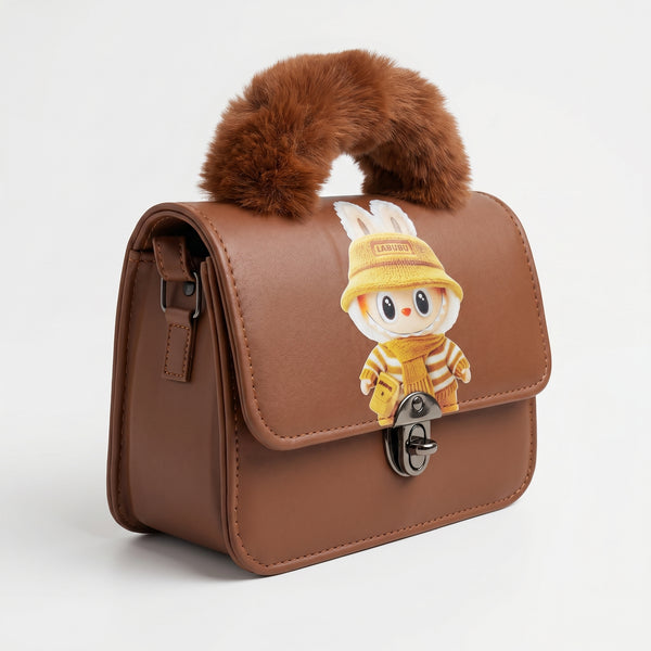 Rexsz Illustrative Print Fur Handle Bag | Stylish Cute Handbag for Girls