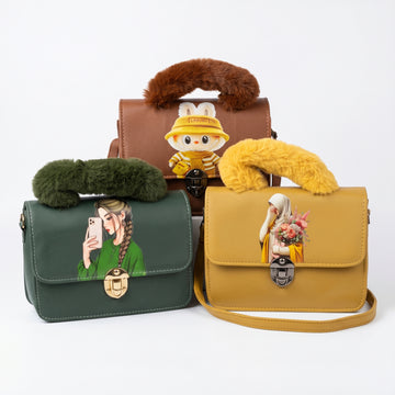 Rexsz Illustrative Print Fur Handle Bag | Stylish Cute Handbag for Girls