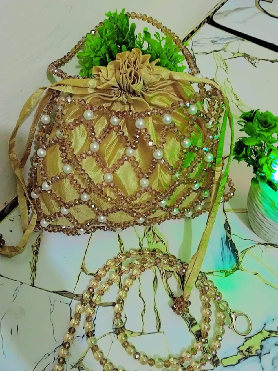 crystal and pearl potli bag