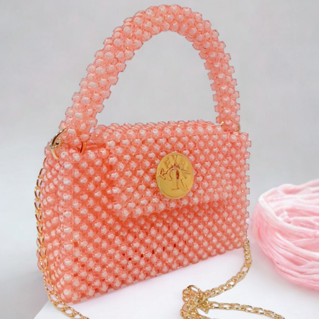 Peach Beaded Pearl Mini Bag with Gold Chain | Elegant Party Purse for Women