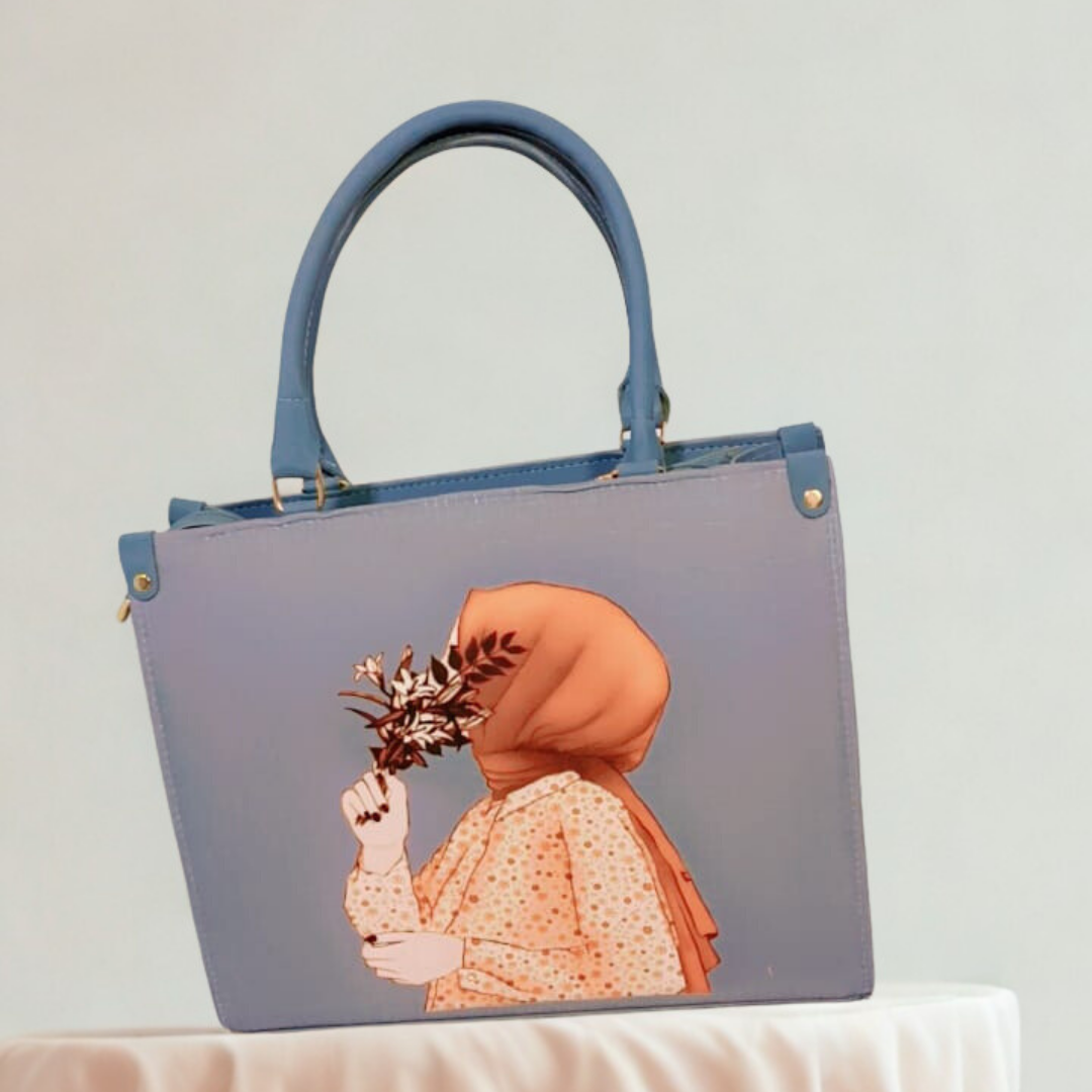 Hijabi Floral Tote Bag – Blue Canvas Purse for Women | Rexsz
