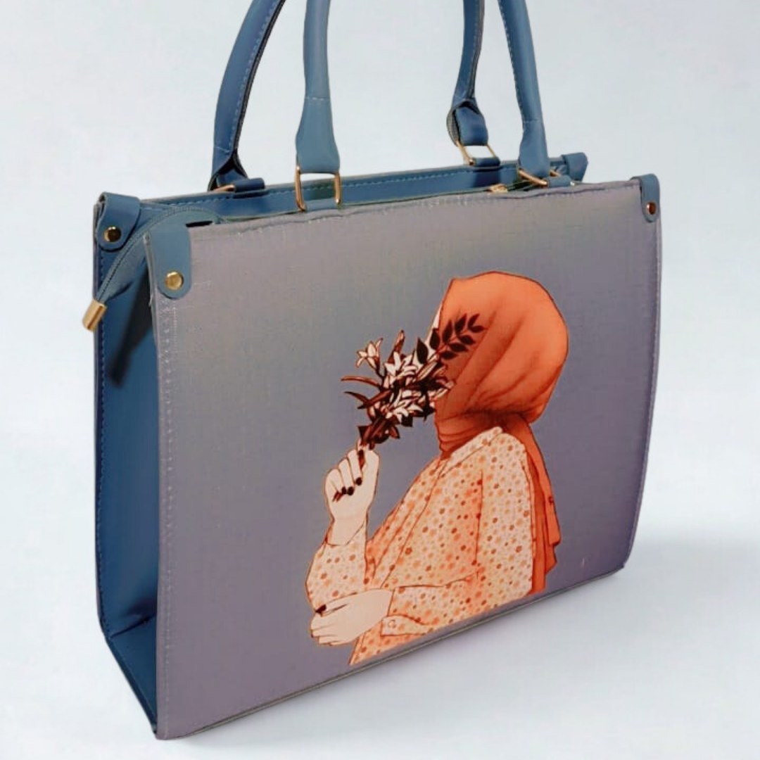 Hijabi Floral Tote Bag – Blue Canvas Purse for Women | Rexsz