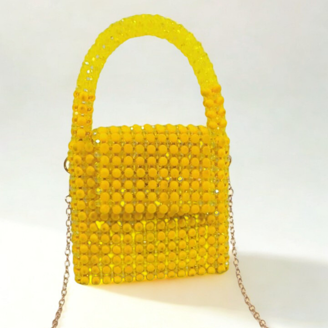 Yellow Beaded Crystal Mini Bag with Chain Strap-Elegant Party Purse | Rexsz