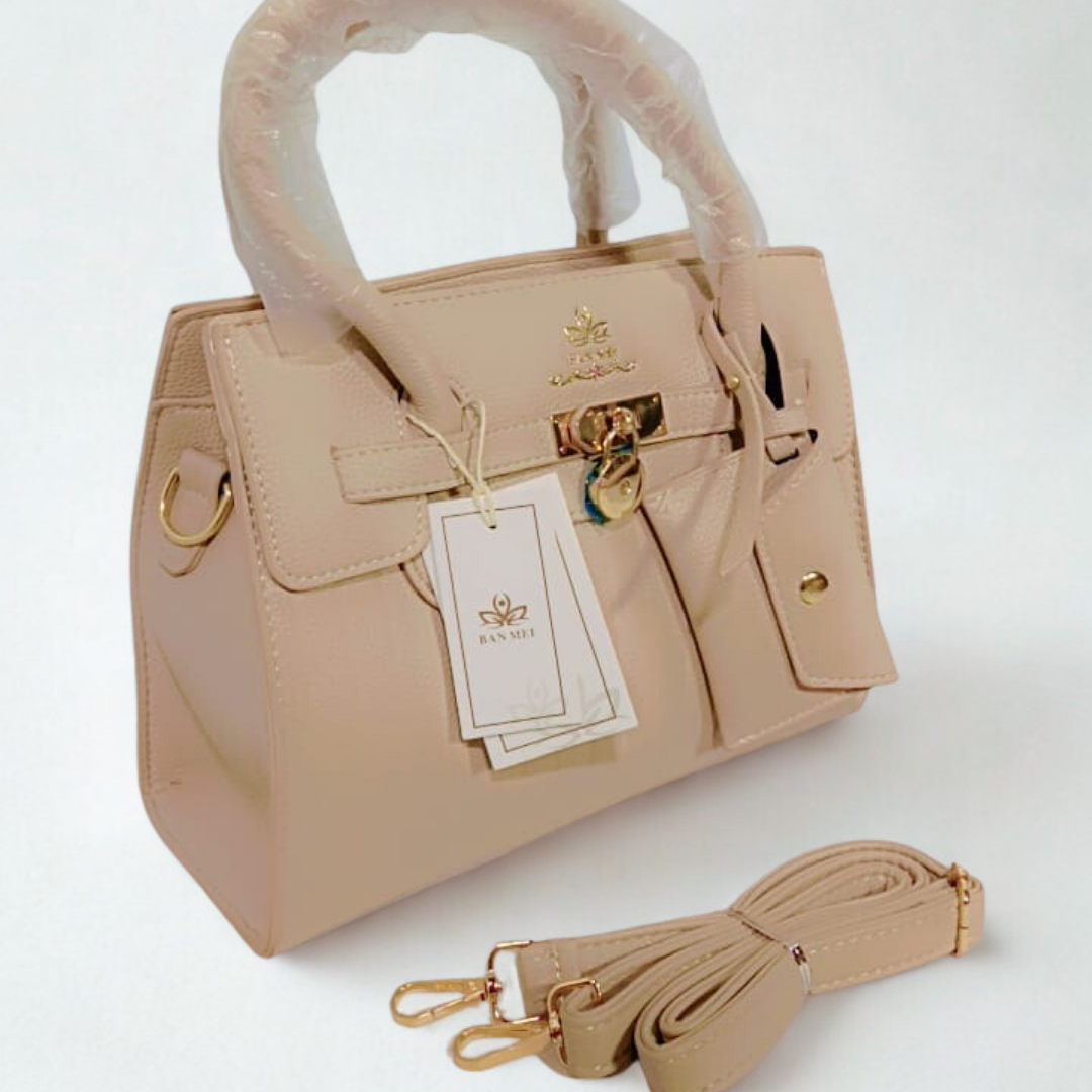 Beige Mini Satchel Bag – Gold Lock & Chain Purse for Women | Rexsz