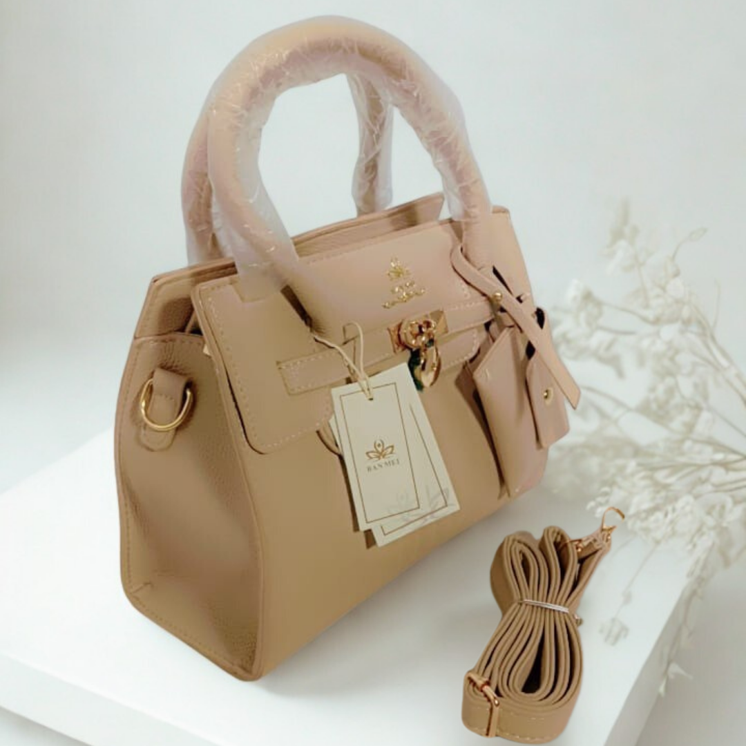 Beige Mini Satchel Bag – Gold Lock & Chain Purse for Women | Rexsz