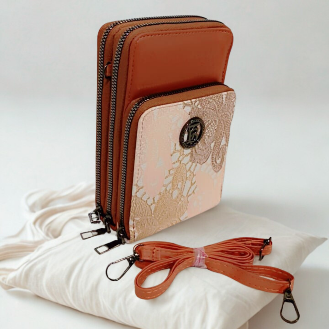 Two-Tone Lace Sling Bag – Gold Accent Phone Pouch | Rexsz