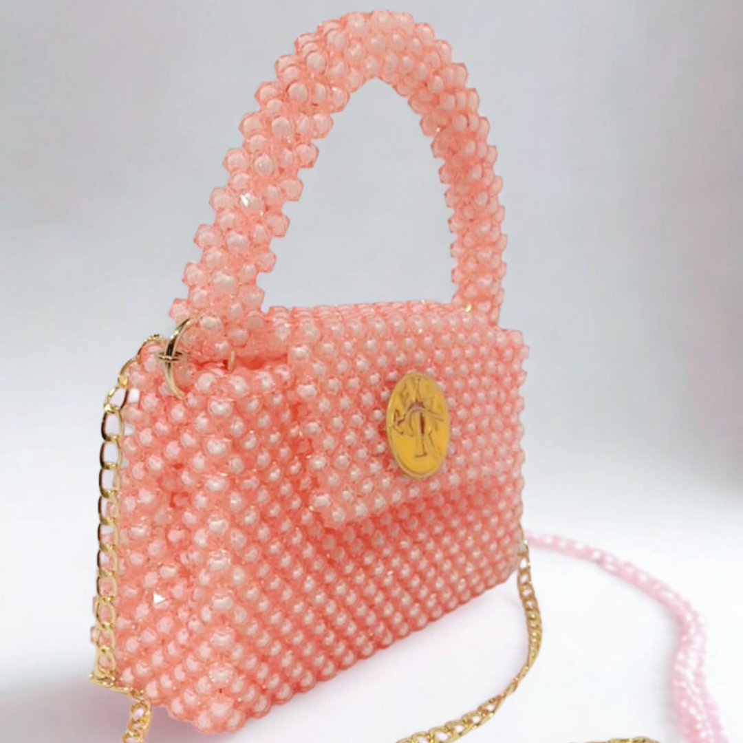 Peach Beaded Pearl Mini Bag with Gold Chain | Elegant Party Purse for Women