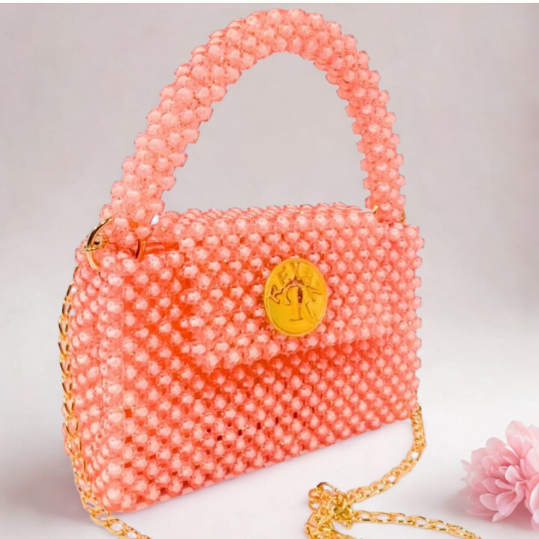 Peach Beaded Pearl Mini Bag with Gold Chain | Elegant Party Purse for Women