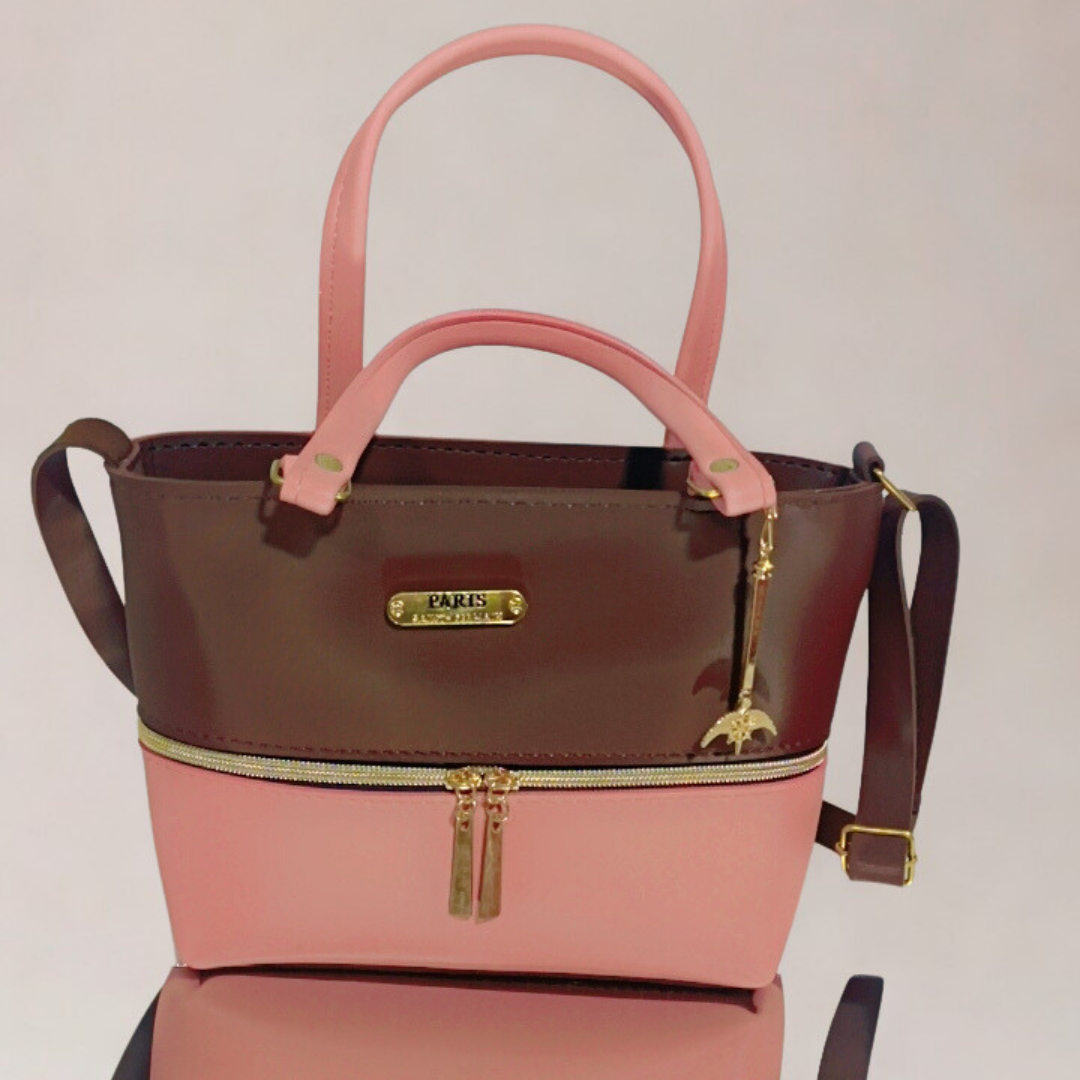 Pink Brown Zip Compartment Handbag – Elegant Multi Pocket Shoulder | Rexsz Bag | Rexsz