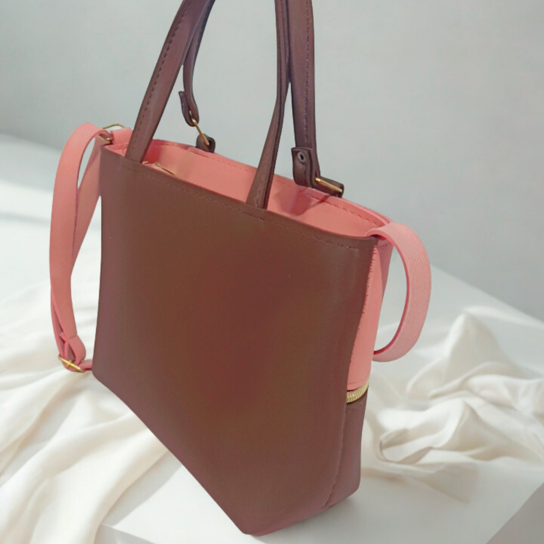 Pink Brown Zip Compartment Handbag – Elegant Multi Pocket Shoulder | Rexsz Bag | Rexsz