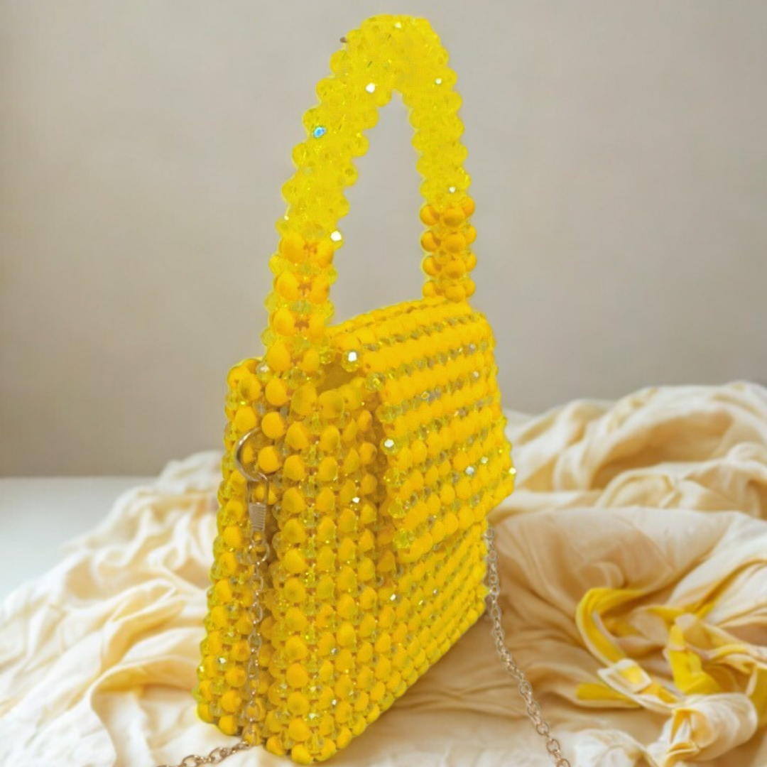 Yellow Beaded Crystal Mini Bag with Chain Strap-Elegant Party Purse | Rexsz