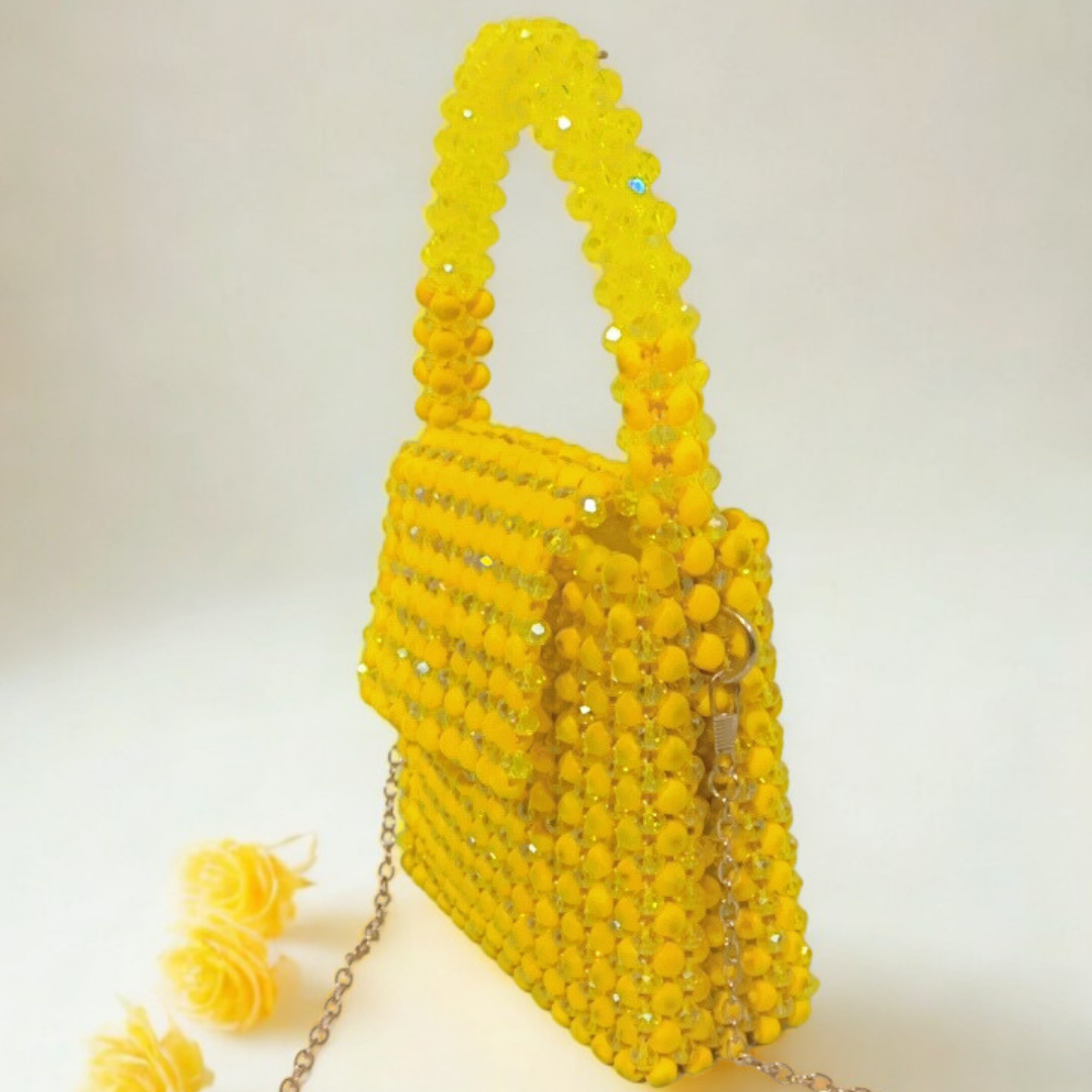 Yellow Beaded Crystal Mini Bag with Chain Strap-Elegant Party Purse | Rexsz
