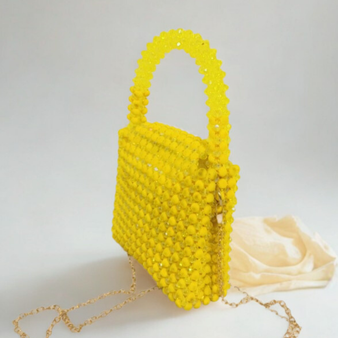 Yellow Beaded Crystal Mini Bag with Chain Strap-Elegant Party Purse | Rexsz