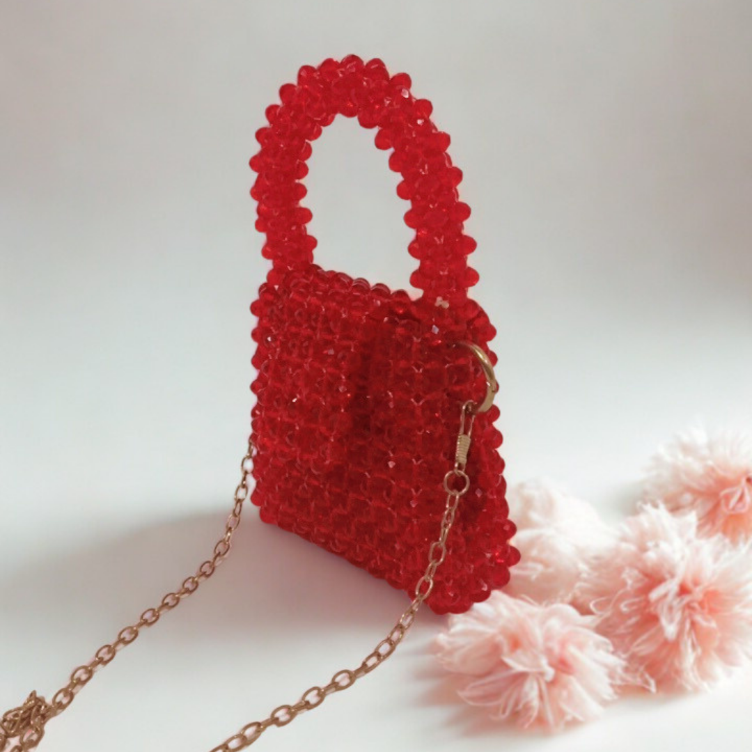 Red Beaded Crystal Mini Bag with Chain Strap | Luxury Party Purse for Women| Rexsz