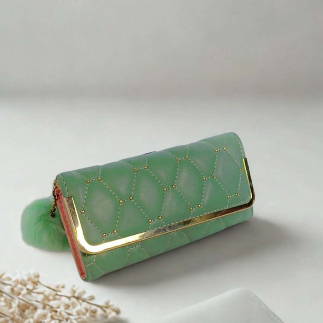 Quilted Studded Long Wallet – Pom Pom Coin Clutch for Women | Rexsz