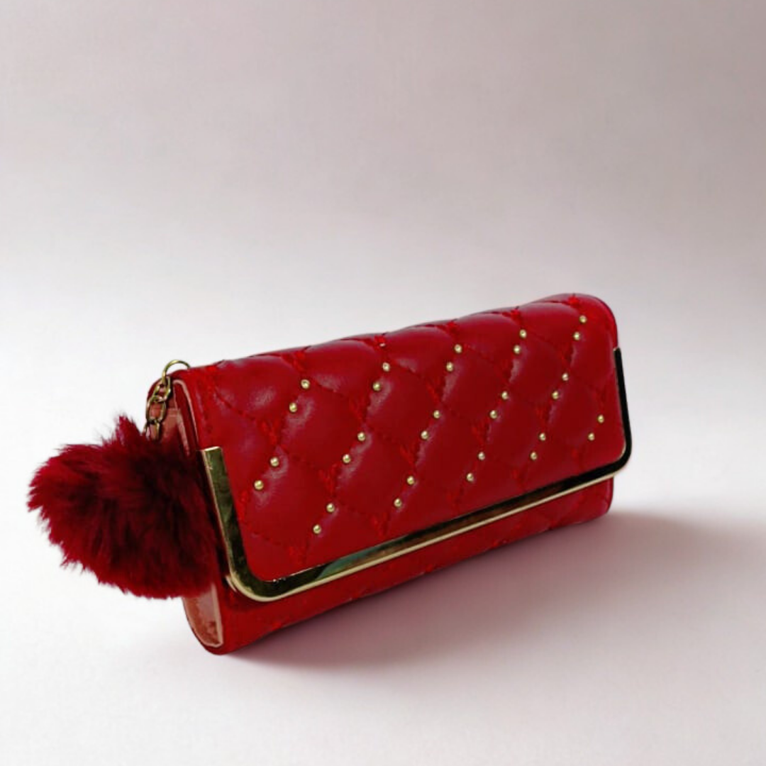 Quilted Studded Long Wallet – Pom Pom Coin Clutch for Women | Rexsz