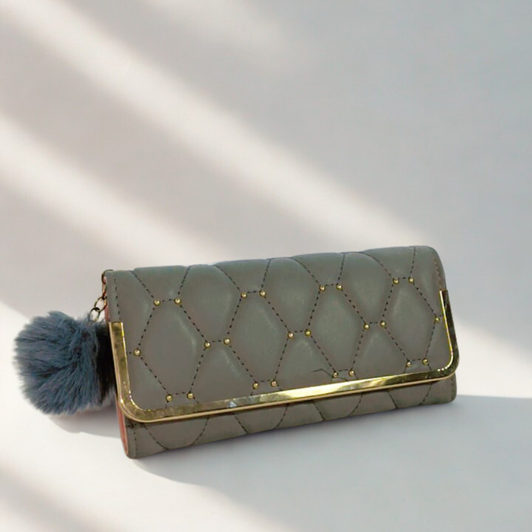 Quilted Studded Long Wallet – Pom Pom Coin Clutch for Women | Rexsz